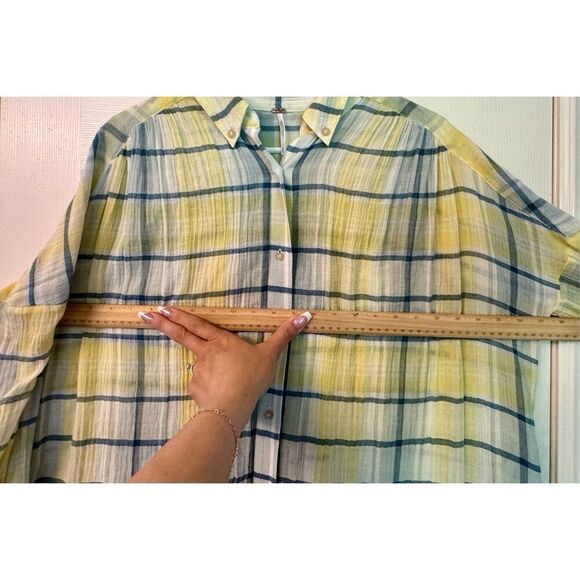 Free People By My Side Button Up Oversized Summer Yellow Plaid Tunic Size XS - Picture 10 of 11
